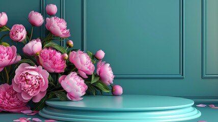 Wall Mural - An empty stage for the demonstration of goods, on blue and pink peonies, spring flowers, 3D.