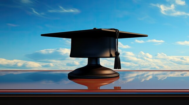 Academic cap floating in a blue sky