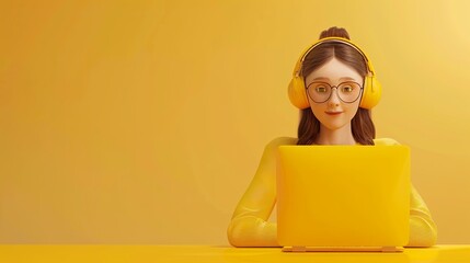 Aufkleber - A 3D rendered woman with headphones uses a laptop on a vibrant yellow background. Generative AI
