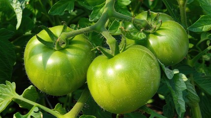 Growing green tomatoes on a vine