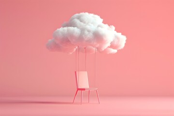 Poster - 3d render of white cloud with chair hanging on it, flying in pink background, minimal concept 
