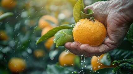 Wall Mural - Hand Holding Orange with Water Droplets