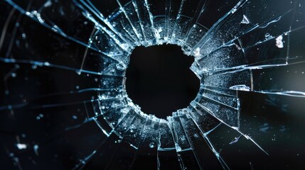 Poster - bullet hole on glass black background for overlay, transparent window