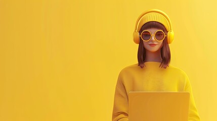 Poster - A 3D rendered woman wearing headphones, sunglasses, and a yellow sweater is using a laptop on a bright yellow background. Generative AI