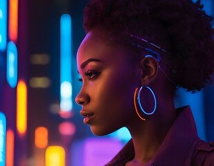 Woman With Braided Hair and dark skin Posing In Front of Neon Lights