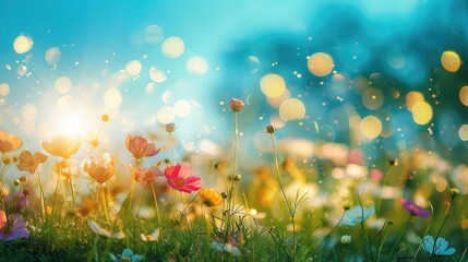 Poster - Colorful flower meadow with sunbeams and blue sky and bokeh lights in summer