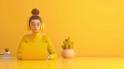 Aufkleber - A 3D woman character sits at a desk wearing headphones and using a laptop against a bright yellow background. Generative AI