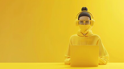 Aufkleber - A 3D rendered woman with headphones and a laptop is seated on a yellow background, offering space for copy. Generative AI