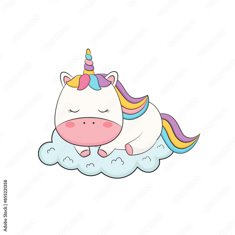 Cute little unicorn sleeping on the cloud. Vector illustration Stock ...