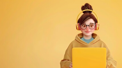 Wall Mural - A 3D animated woman wearing headphones works on a laptop with a bright yellow background. Generative AI