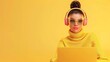 © Анатолий Сав - A 3D woman character is depicted wearing headphones and sunglasses while working on a laptop, all against a bold yellow backdrop. Generative AI