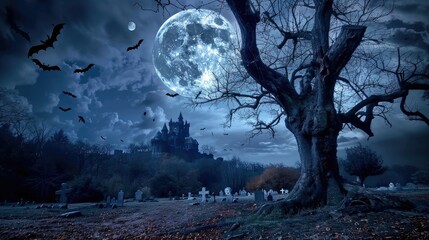 Graveyard cemetery to castle In Spooky scary dark Night full moon and bats on dead tree