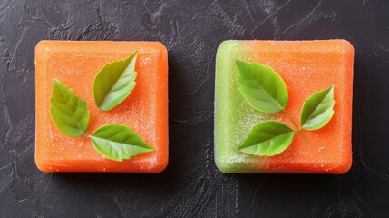 Wall Mural - Two small green and orange soaps with leaves on top