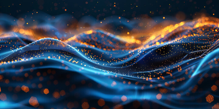 Abstract digital background with orange and blue glowing waves of data