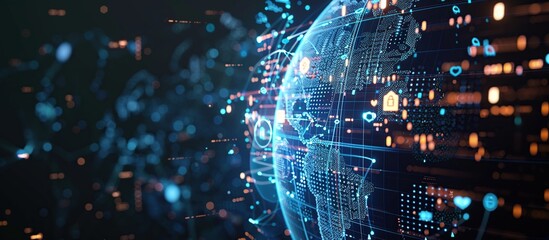 Poster - Abstract digital world map, concept of global network and connectivity, data transfer and cyber technology.