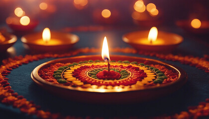 Happy Diwali or clay lamp on color background