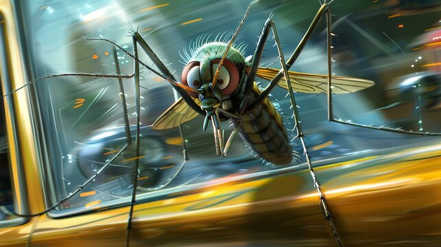 A caricature of a mosquito sticking to the Outside of the front window of a fast-moving car