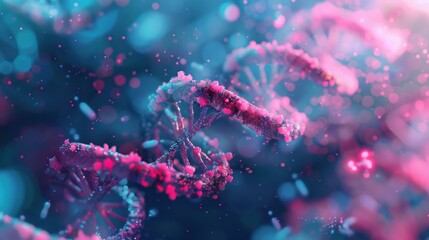 A digital illustration of a DNA double helix, rendered in a vibrant blue and pink palette. The helix is composed of small particles.
