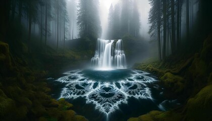 Sticker - AI generated illustration of a mystical forest scene where a powerful waterfall