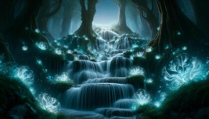 Poster - AI generated illustration of an enchanting, mystical forest waterfall