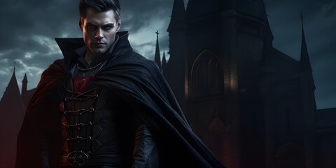 a scary vampire with a cape and fangs visible, gothic castle in the background