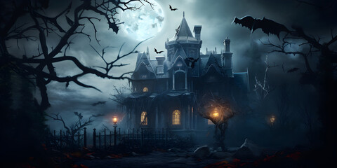 Illustration of spooky haunted house with bats flying around, full moon in the background