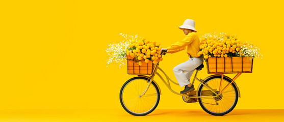 Boy with a load basket of white, colorful flowers on a bicycle on a minimalist yellow background. Simplicity and purity. Creative concept of sustainable and modern flower delivery. Banner. Copy space