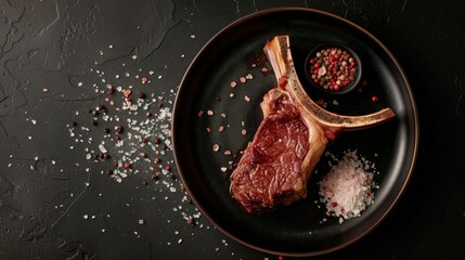 Canvas Print - Tomahawk beef veal steak with pink salt on plate Scene from above with black background Room for text