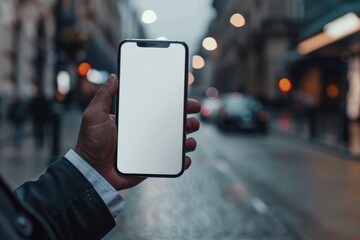 Wall Mural - Close-up of a businessman hand holding a smartphone white screen is blank the background is blurred.Mockup.without face 