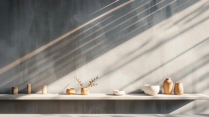 Wall Mural - sunlight and shadows creating a product showcase on a gray wall