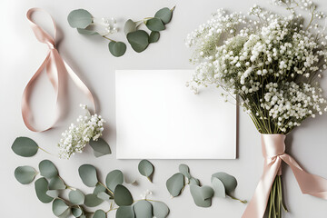 Poster - A feminine and airy wedding desktop mockup features a cluster of delicate baby's breath (gypsophila) flowers arranged on a crisp white background.