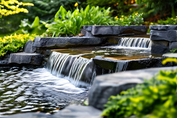 Poster - A serene garden waterfall cascades over layered stone steps into a tranquil pond, surrounded by lush greenery and vibrant plants. The scene captures a peaceful and natural ambiance.