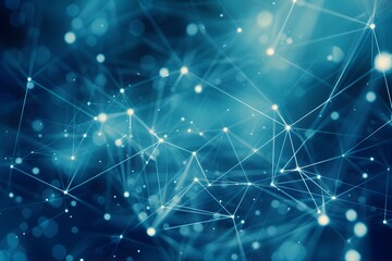 Poster - Abstract background with white polygonal lines and dots on blue, forming an interconnected network or structure of digital connections
