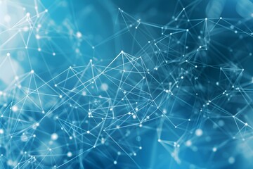 Poster - Abstract background with white polygonal lines and dots on blue, forming an interconnected network or structure of digital connections
