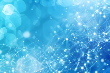 Poster - Abstract background with white polygonal lines and dots on blue, forming an interconnected network or structure of digital connections
