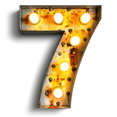 Wall Mural - A rusted, old-fashioned, vintage-looking lighted number 7. The number is lit up with five lights, giving it a warm, nostalgic feel