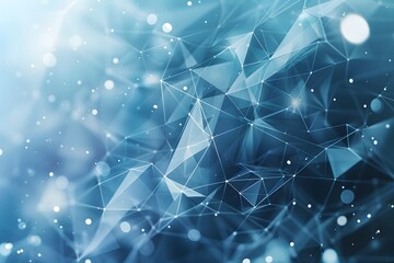 Poster - Abstract white polygonal shapes on a blue background with dots and lines, in the style of a futuristic network technology concept
