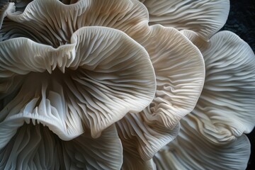 Wall Mural - Closeup of an oyster mushroom's texture, showcasing its intricate pattern and soft color palette against a dark background.