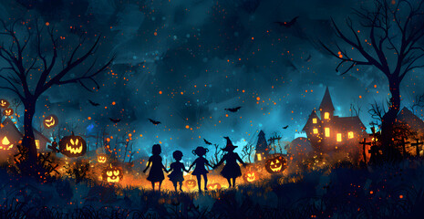 A group of four children are walking through a field of pumpkins and witches