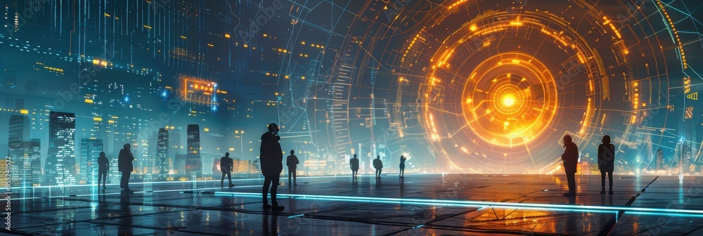 Vibrant 3D surreal scene of cybersecurity experts, holographic network ...