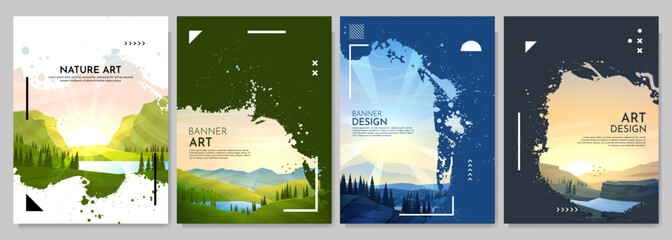 Wall Mural - Vector brochure cards set of landscape. Nature scene of sunset, lake by meadow and mountains. Ink splatter overlay. Flat design template of flyer, magazine, book cover, banner, invitation, poster.