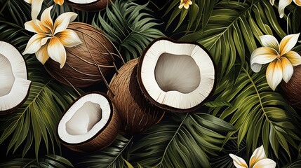 Wall Mural - A pattern of tropical palm leaves and coconuts  