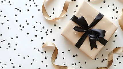 Wall Mural - Wrapped gift with black ribbon and star confetti on a white background. Studio photography with copy space. Celebration and gift concept. Design for greeting card, invitation, postcard, poster, print.