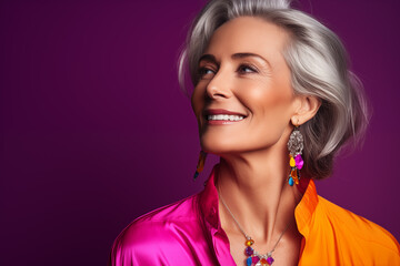 Wall Mural - Mature middle aged stylish modern woman wearing bright colored neon cloths in bright single color background, smiling happy woman wearing stone embedded jewelries. good health with good skin care