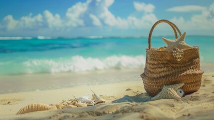 A woven bag with summer vacation accessories sits on a tropical beach with the ocean in the background. Generative AI