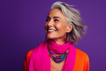 Wall Mural - Mature middle aged stylish modern woman wearing bright colored cloths in purple background, smiling happy short hair woman wearing orange top and a scarf over the neck, good health and good skin care