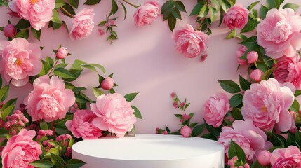 Wall Mural - An empty podium for advertising the product, against a background of pink peonies.