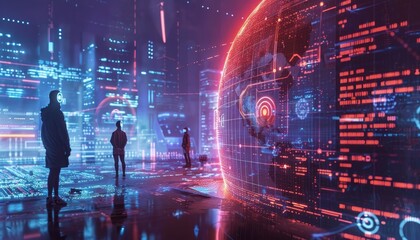 Wall Mural - Futuristic global hologram with business people in sci fi cyberpunk digital transformation