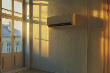 Poster - A room air conditioner sitting next to a window, suitable for use as a prop or background element