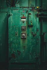 Poster - Old green metal cabinet with a rusted door, suitable for vintage or retro-themed designs